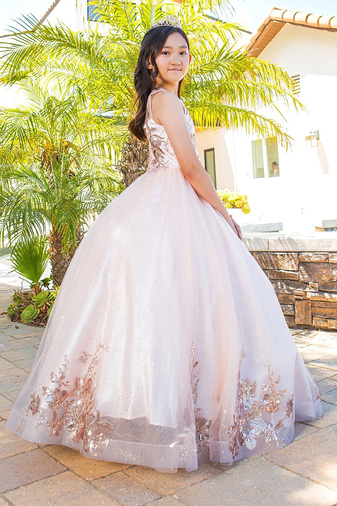 Blush mini quince dress with glitter tulle layered skirt and side view.