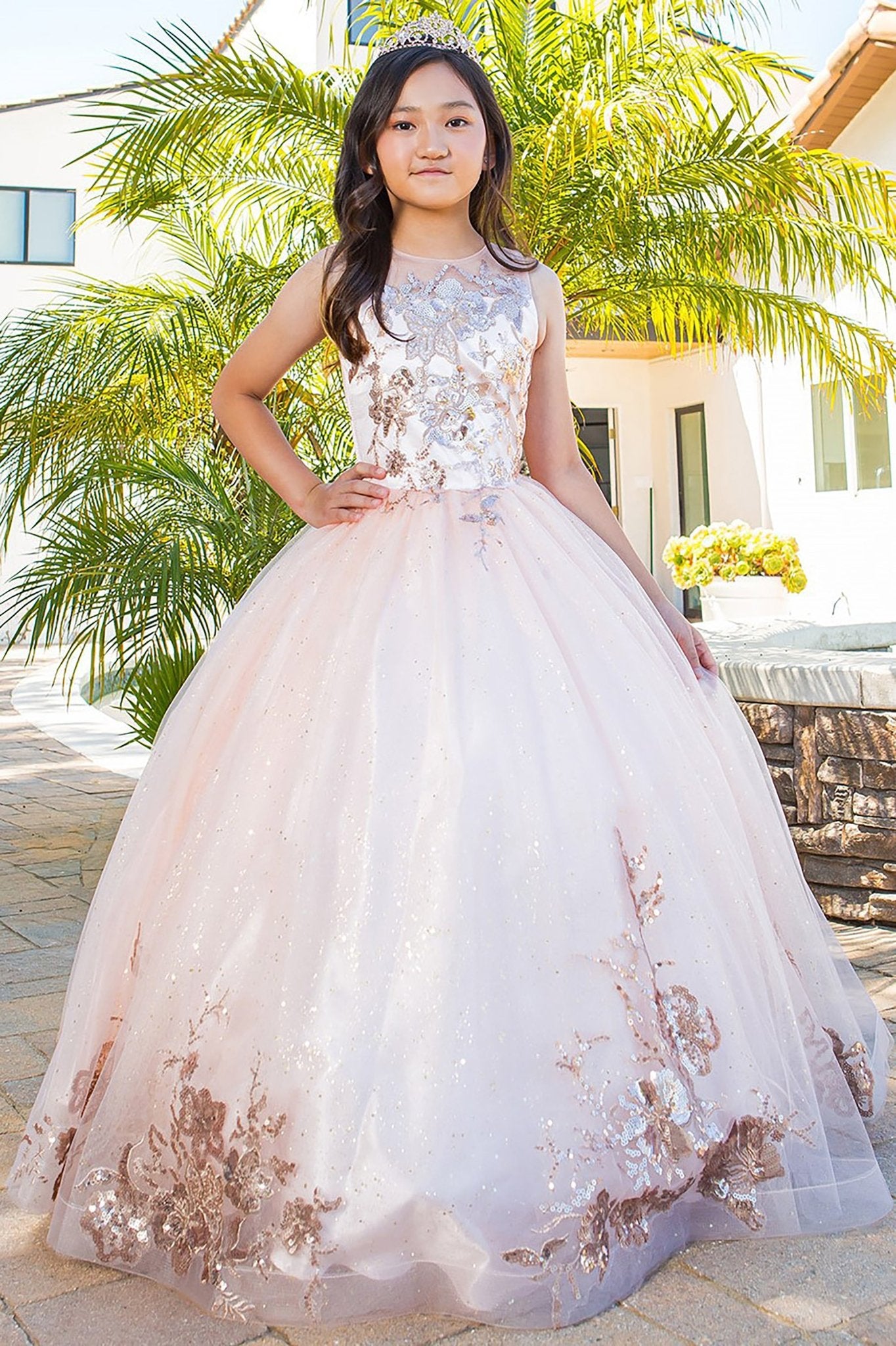 Blush mini quince dress with glitter tulle fitted bodice.