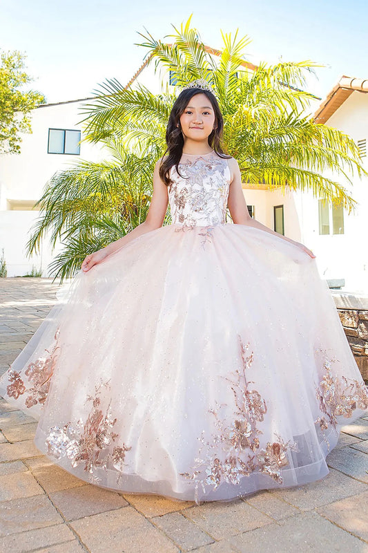 Girl standing front-facing in blush full-length quinceañera gown with glitter tulle fabric, fitted bodice, and voluminous sparkling layered skirt