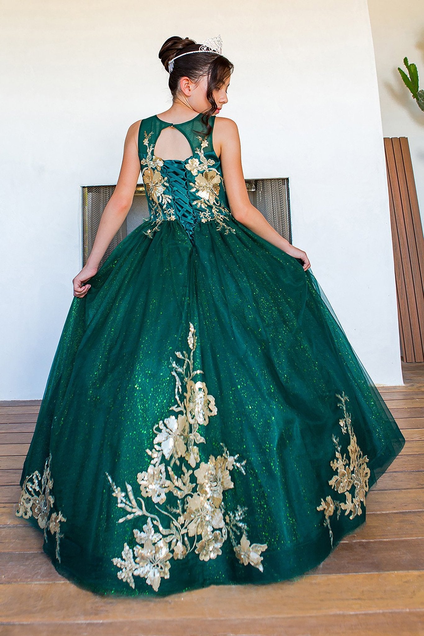 Hunter green mini quince dress with glitter tulle layered skirt and back view.