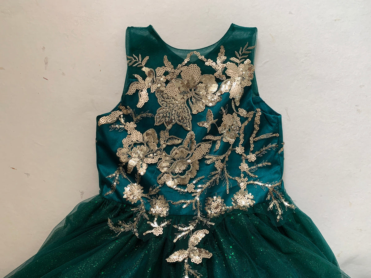 Hunter green mini quince dress with glitter tulle bodice top zoom detail.