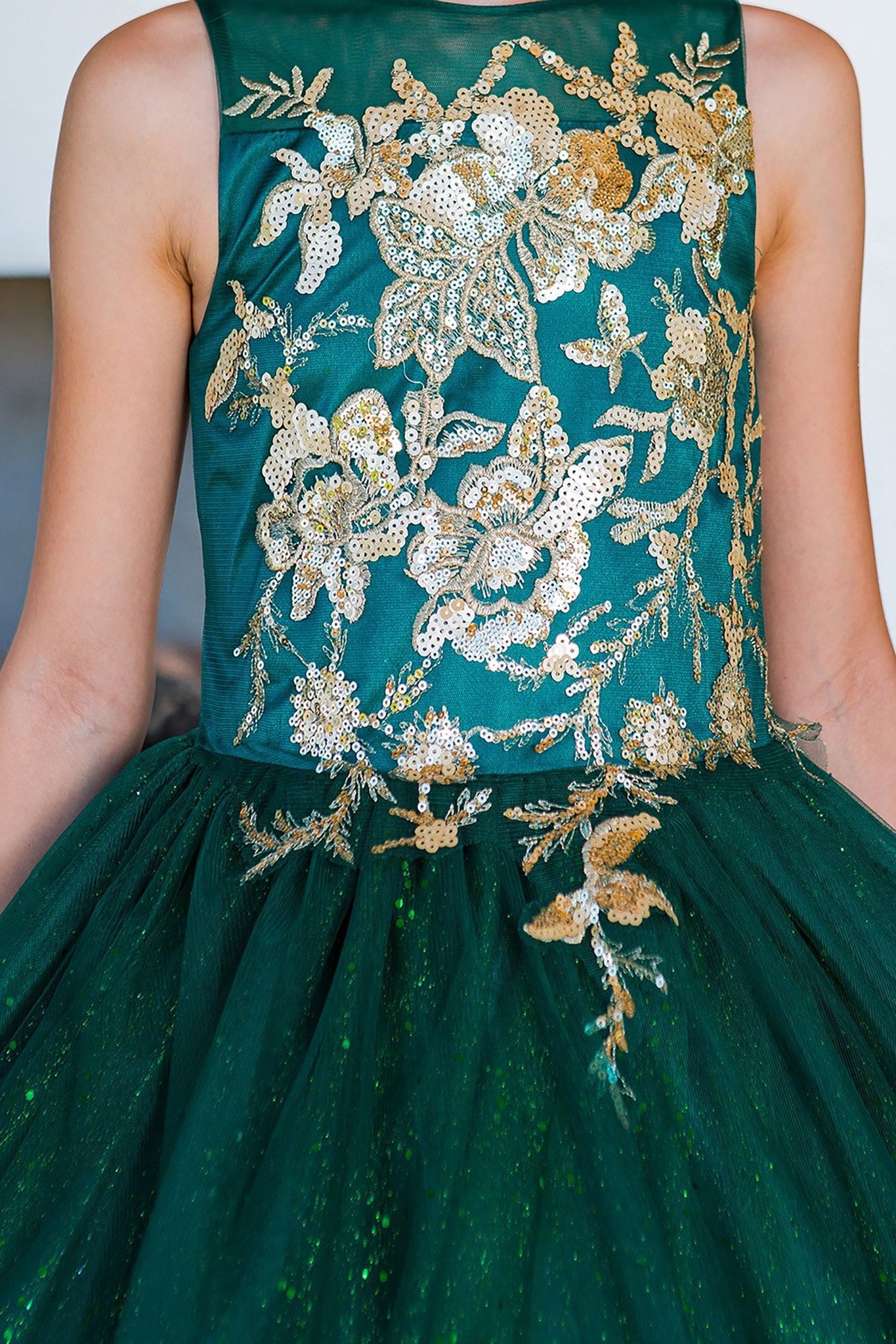 Hunter green mini quince dress with glitter tulle front zoom detail.