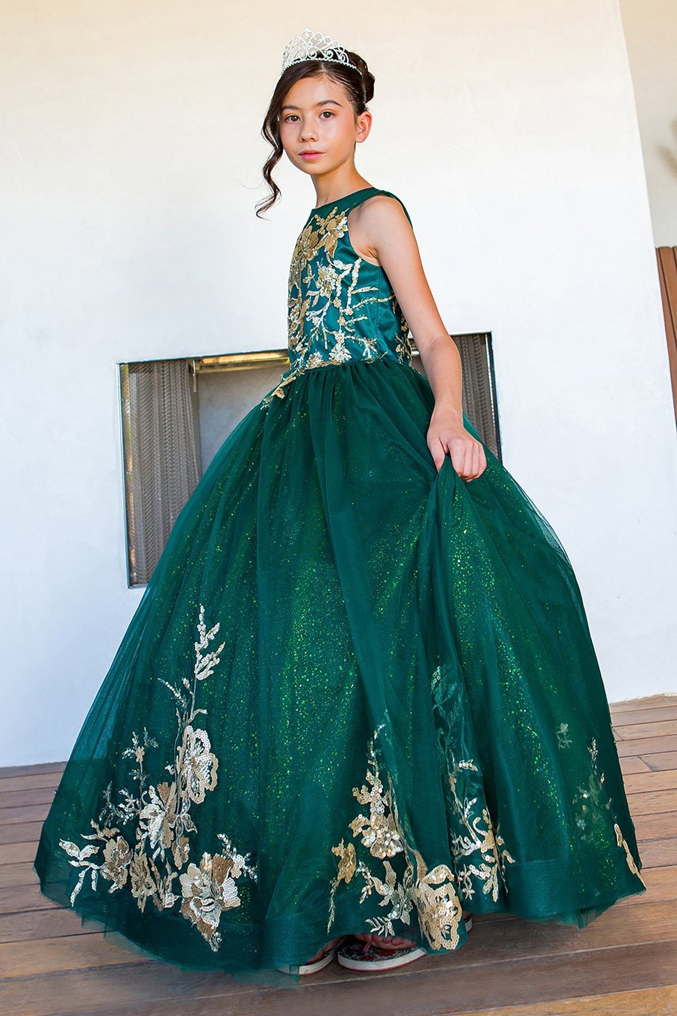 Hunter green mini quince dress with glitter tulle side view.