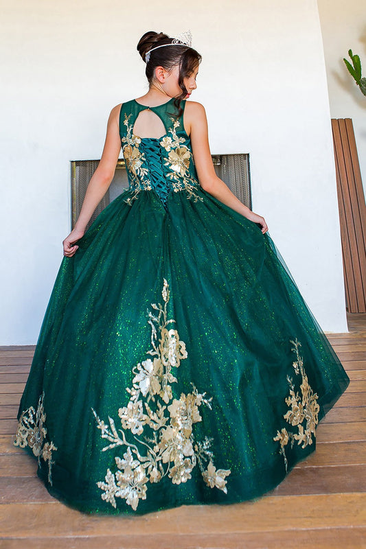 Kid wearing hunter green mini quince dress with glitter tulle layered skirt and back view