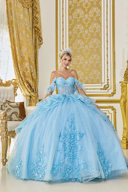 Front view of light blue quinceañera ball gown with off-the-shoulder sleeves, crystal-embellished corset bodice, and full layered tulle skirt with lace appliques