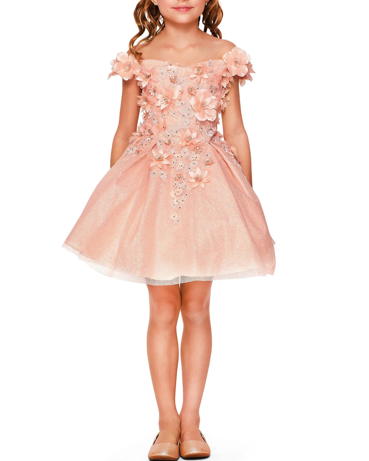 Pink off-shoulder flower girl dress with floral details.