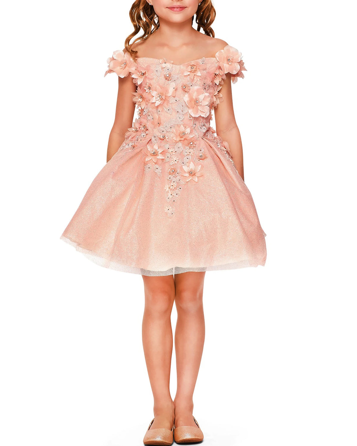 Pink off-shoulder flower girl dress with floral details.