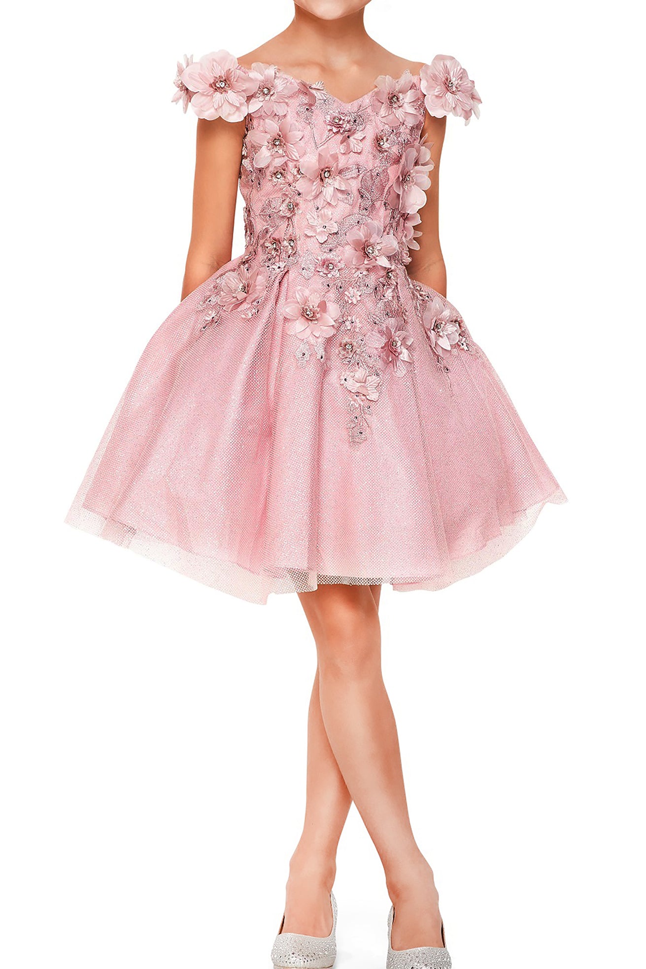 Front view of dusty rose off-the-shoulder flower girl dress with 3D floral appliqué bodice and shiny layered tulle skirt.