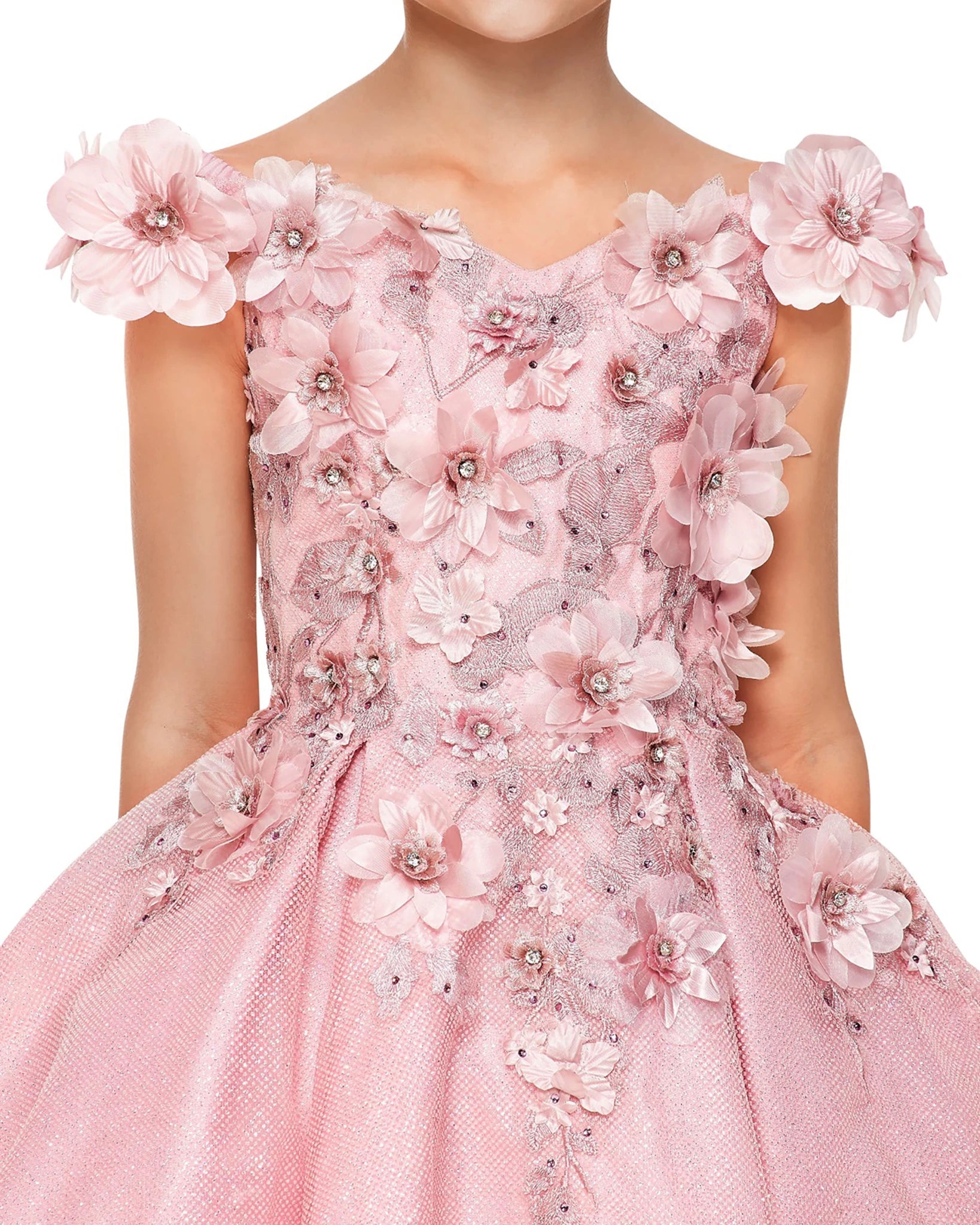 Dusty rose floral flower girl dress with intricate details.