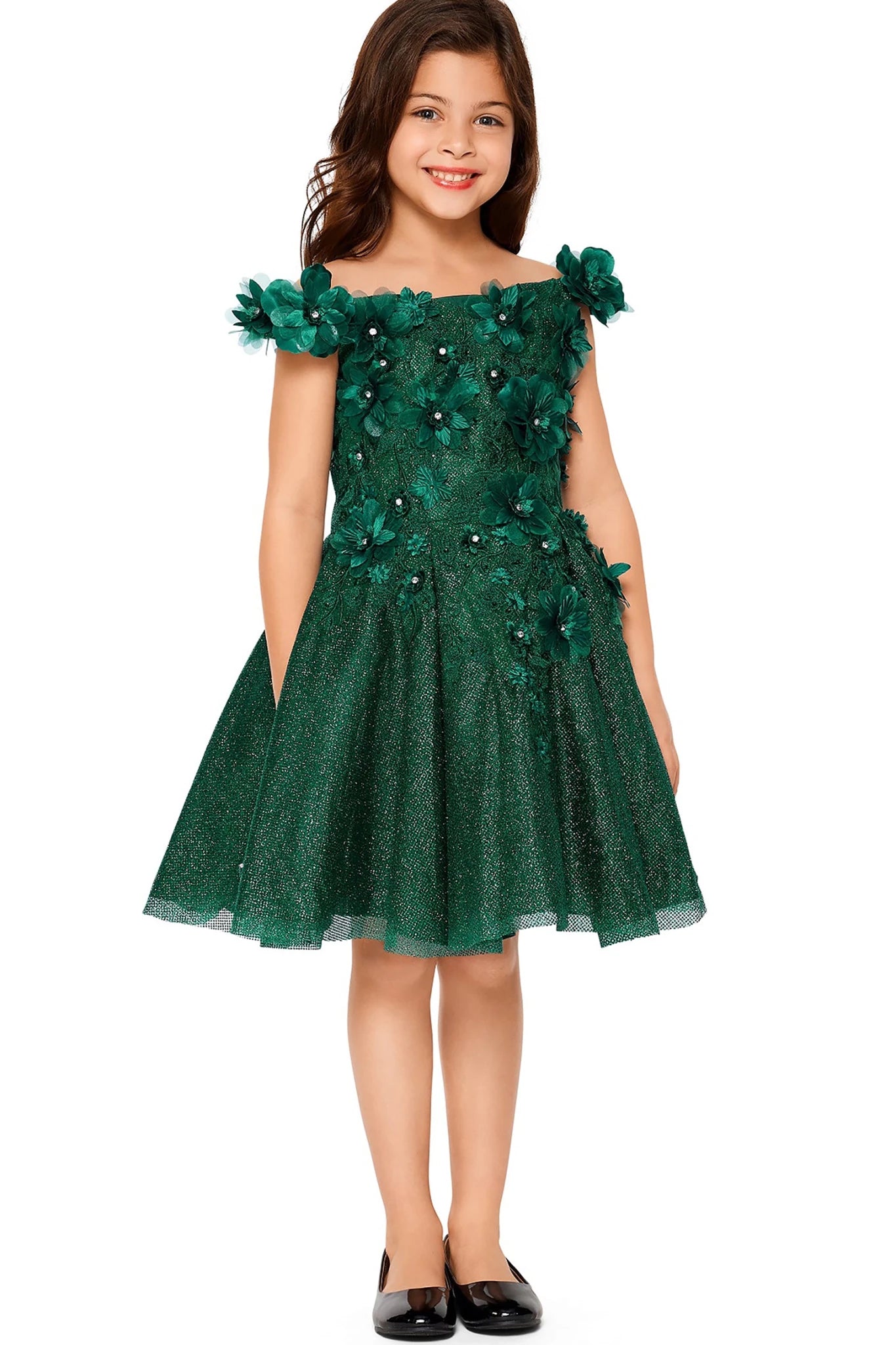 Front view of hunter green off-the-shoulder flower girl dress with 3D floral appliqué bodice and shiny layered tulle skirt.