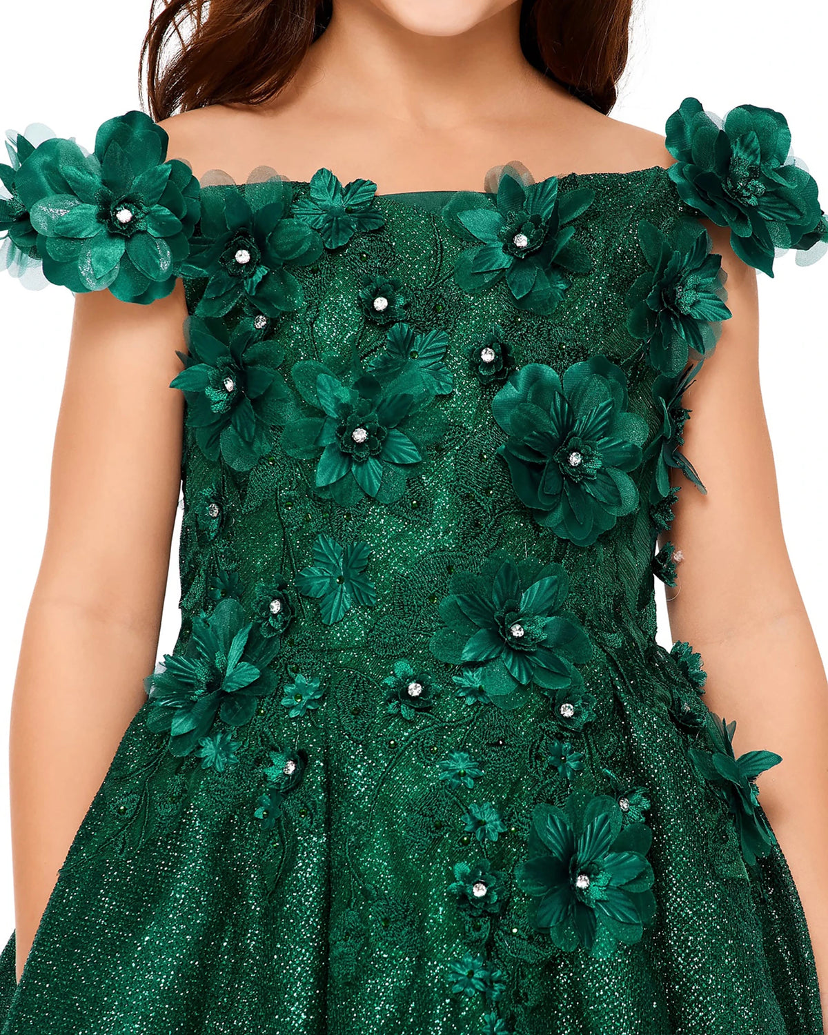 Green floral flower girl dress with off-shoulder design.