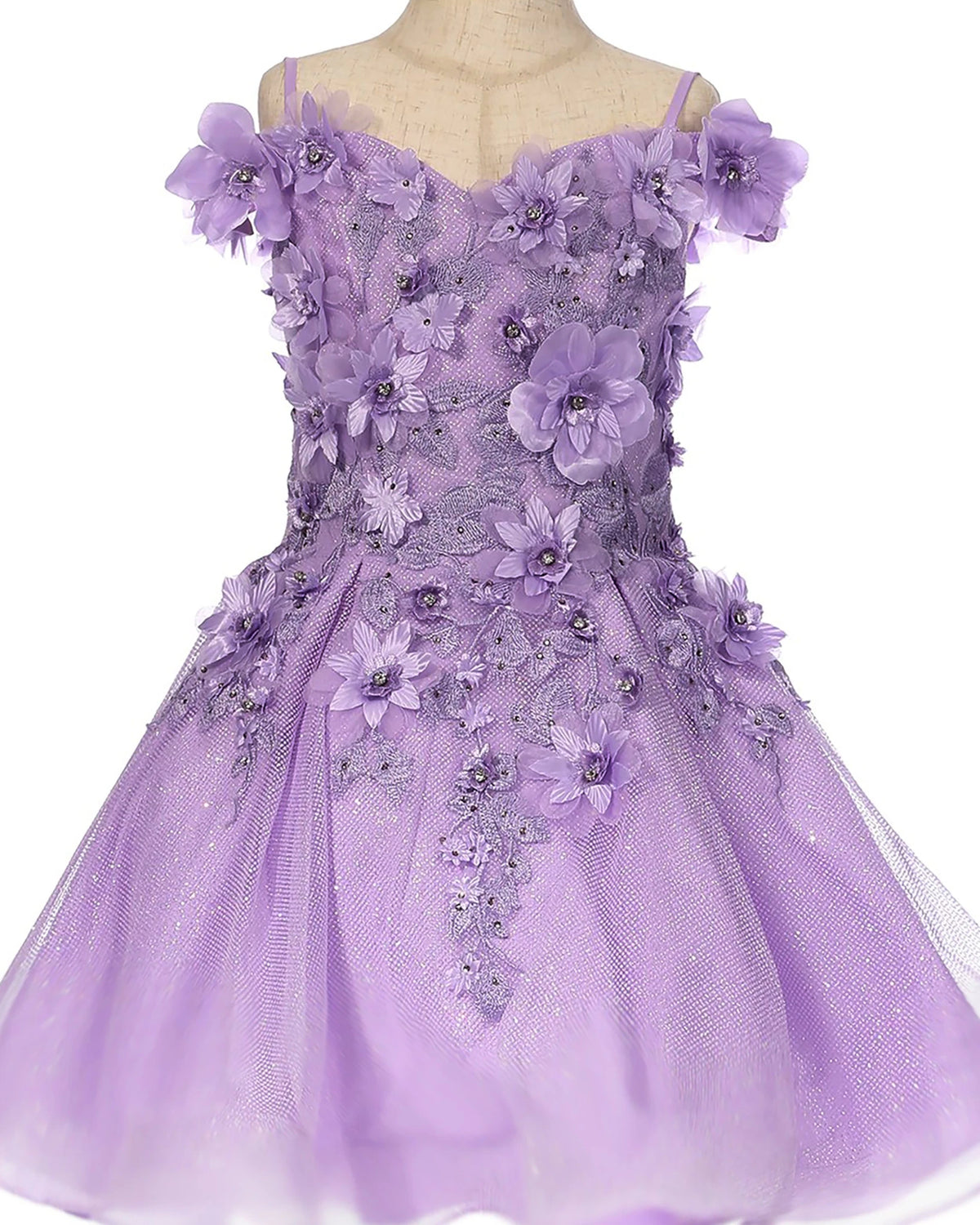 Lilac flower girl dress with floral embellishments.