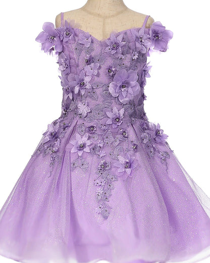 Detailed view highlights lilac flower girl dress with floral embellishments.