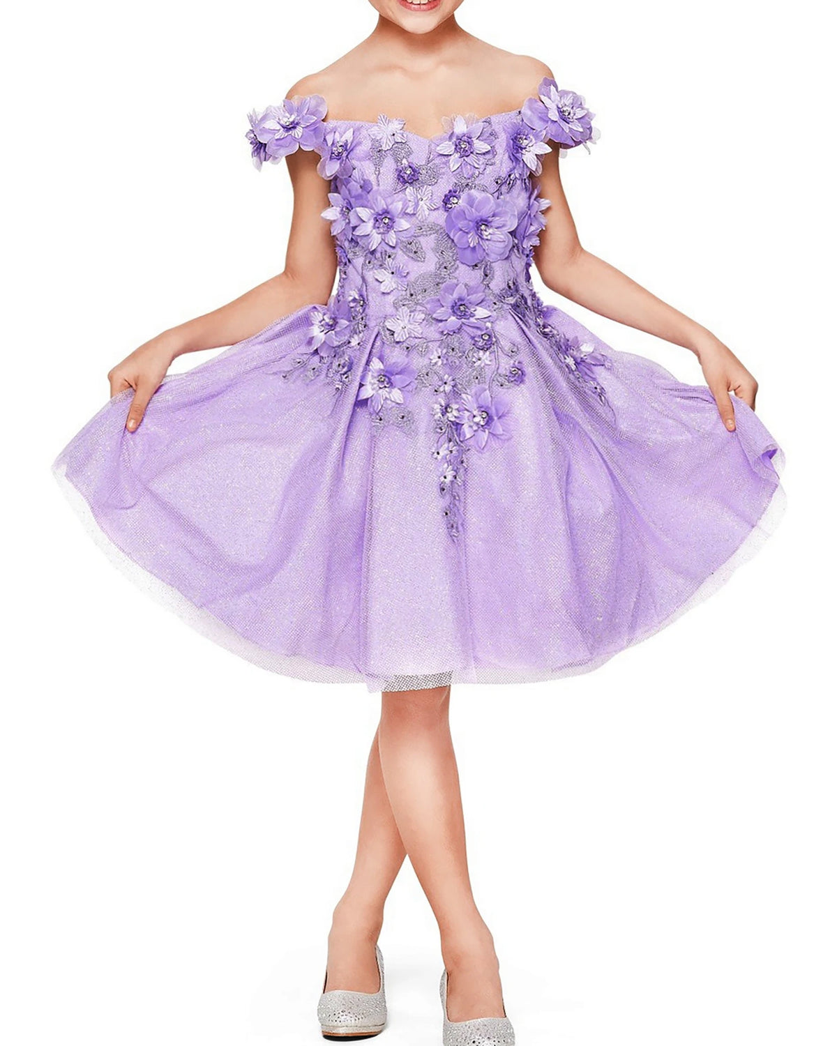 Lilac floral off-shoulder flower girl dress.