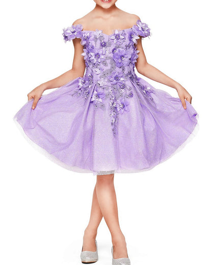 Intricate features stand out across lilac floral off-shoulder flower girl dress.
