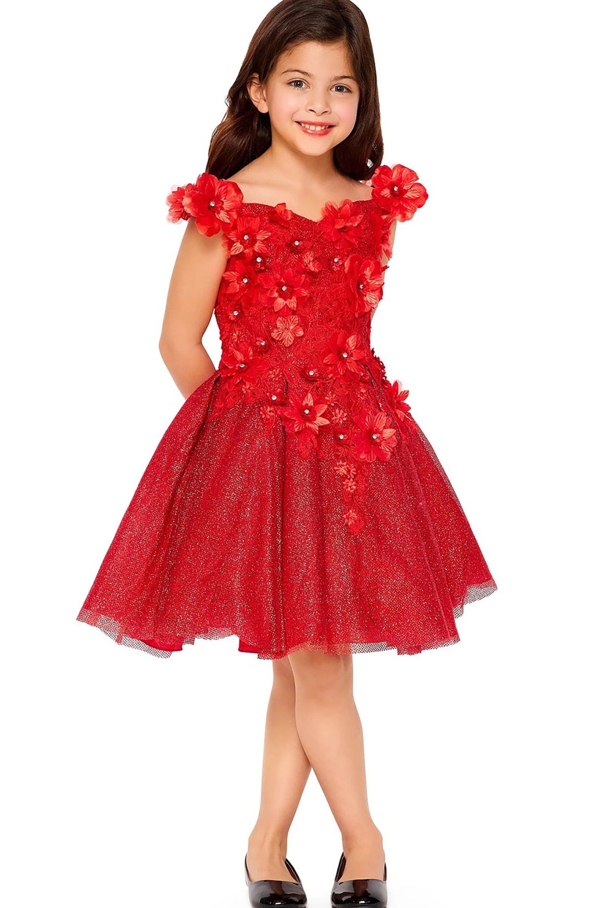 Front view of red off-the-shoulder flower girl dress with 3D floral appliqué bodice and shiny layered tulle skirt.