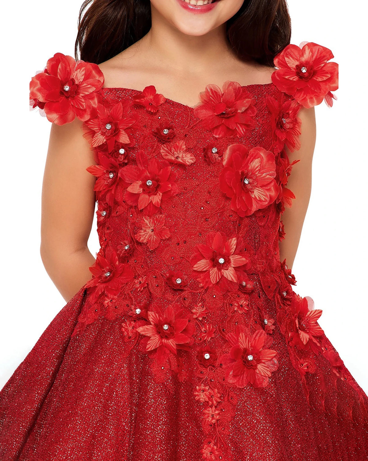 Red floral flower girl dress with embellishments.