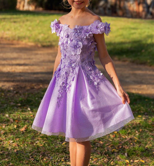 Lilac Kid Dress | 6 Colors | Off-the-shoulder decorated with 3D flowers, and a shiny fabric party Dress | Anaya dress girl standing