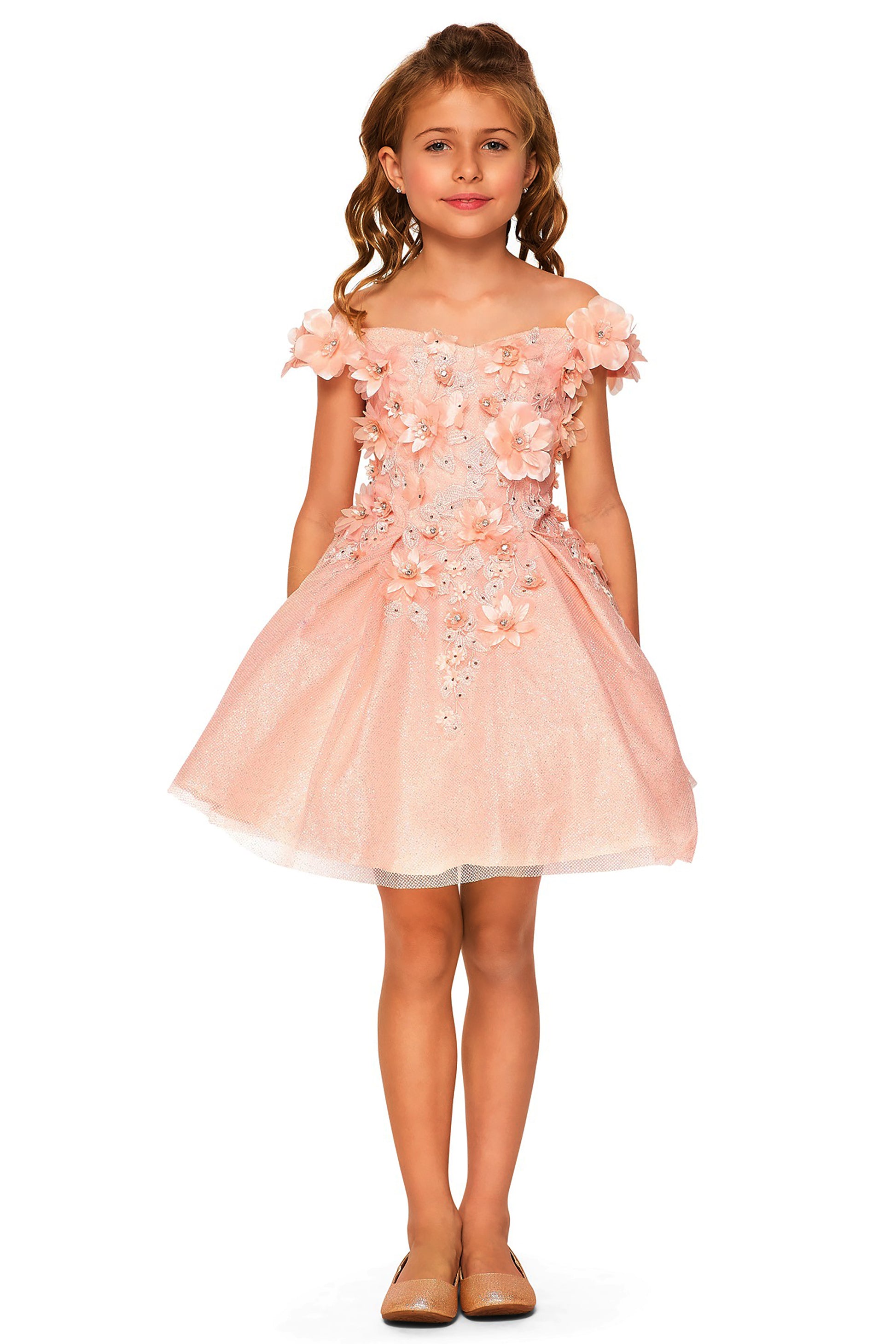 Blush Kid Dress | Off-shoulder 3D flowers with Shiny Fabric Kid Party Flower Girl Dress | Anaya S dress | 6 Colors Available front view