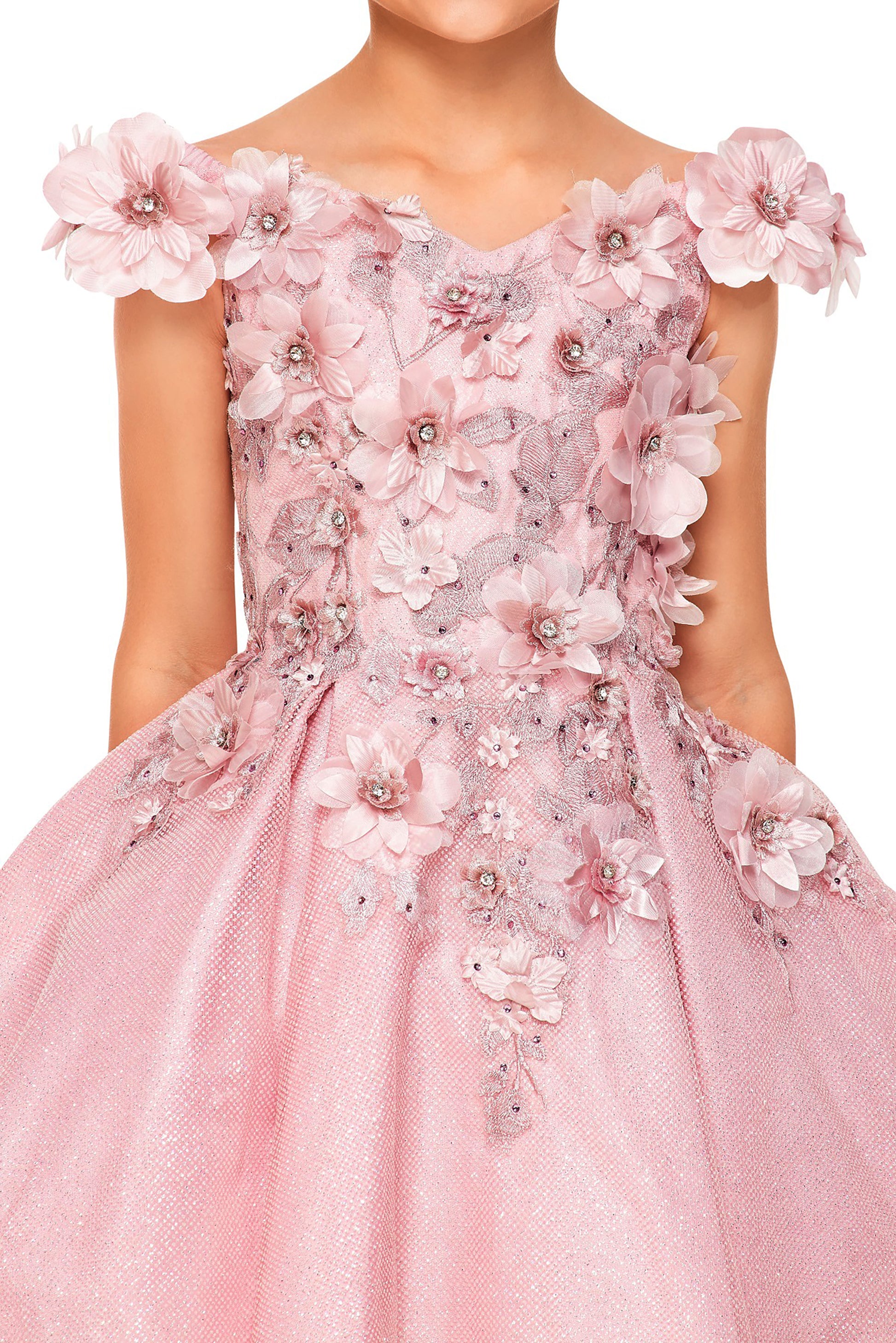 Dusty Rose Kid Dress | Off-shoulder 3D flowers with Shiny Fabric Kid Party Flower Girl Dress | Anaya S dress | 6 Colors Available front zoom