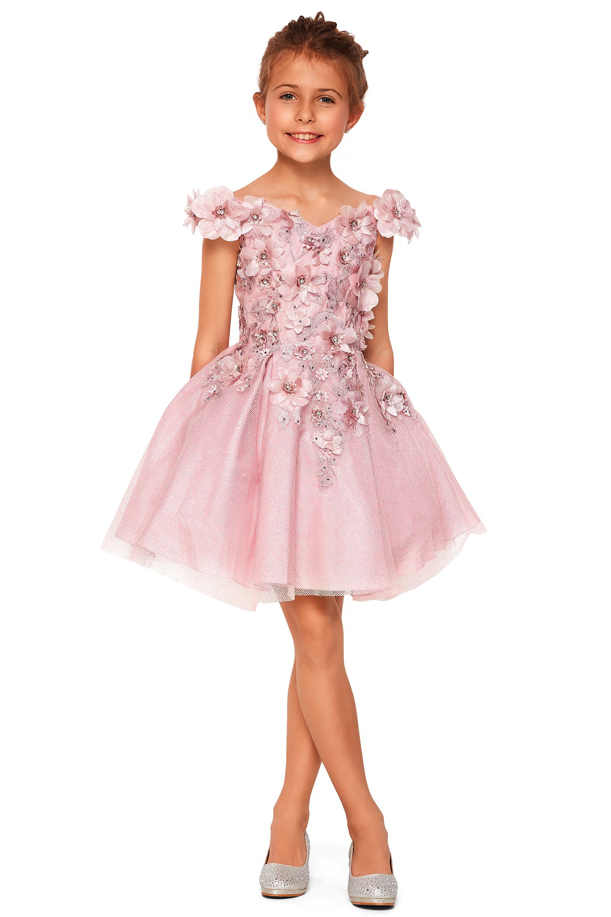 Dusty Rose Kid Dress | Off-shoulder 3D flowers with Shiny Fabric Kid Party Flower Girl Dress | Anaya S dress | 6 Colors Available front view