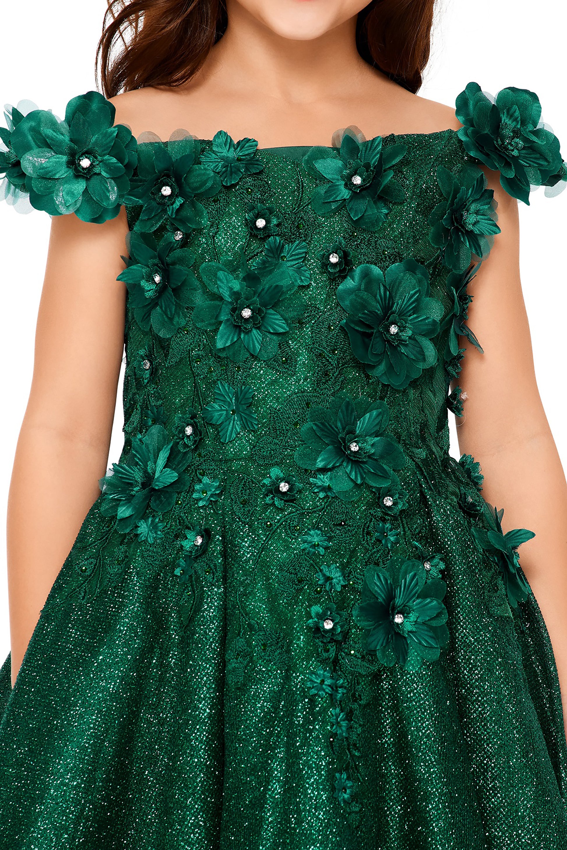 Hunter Green Kid Dress | Off-shoulder 3D flowers with Shiny Fabric Kid Party Flower Girl Dress | Anaya S dress | 6 Colors Available front zoom