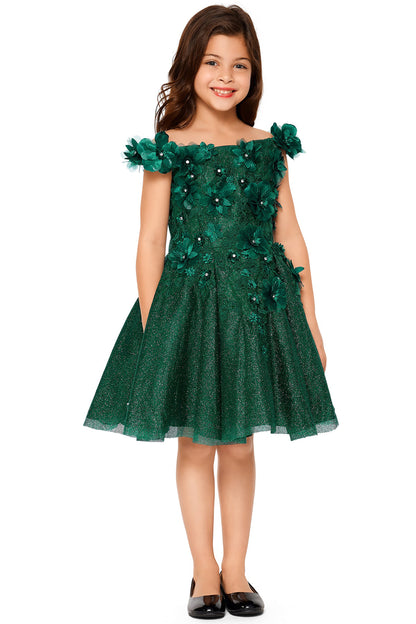 Hunter Green Kid Dress | Off-shoulder 3D flowers with Shiny Fabric Kid Party Flower Girl Dress | Anaya S dress | 6 Colors Available front view