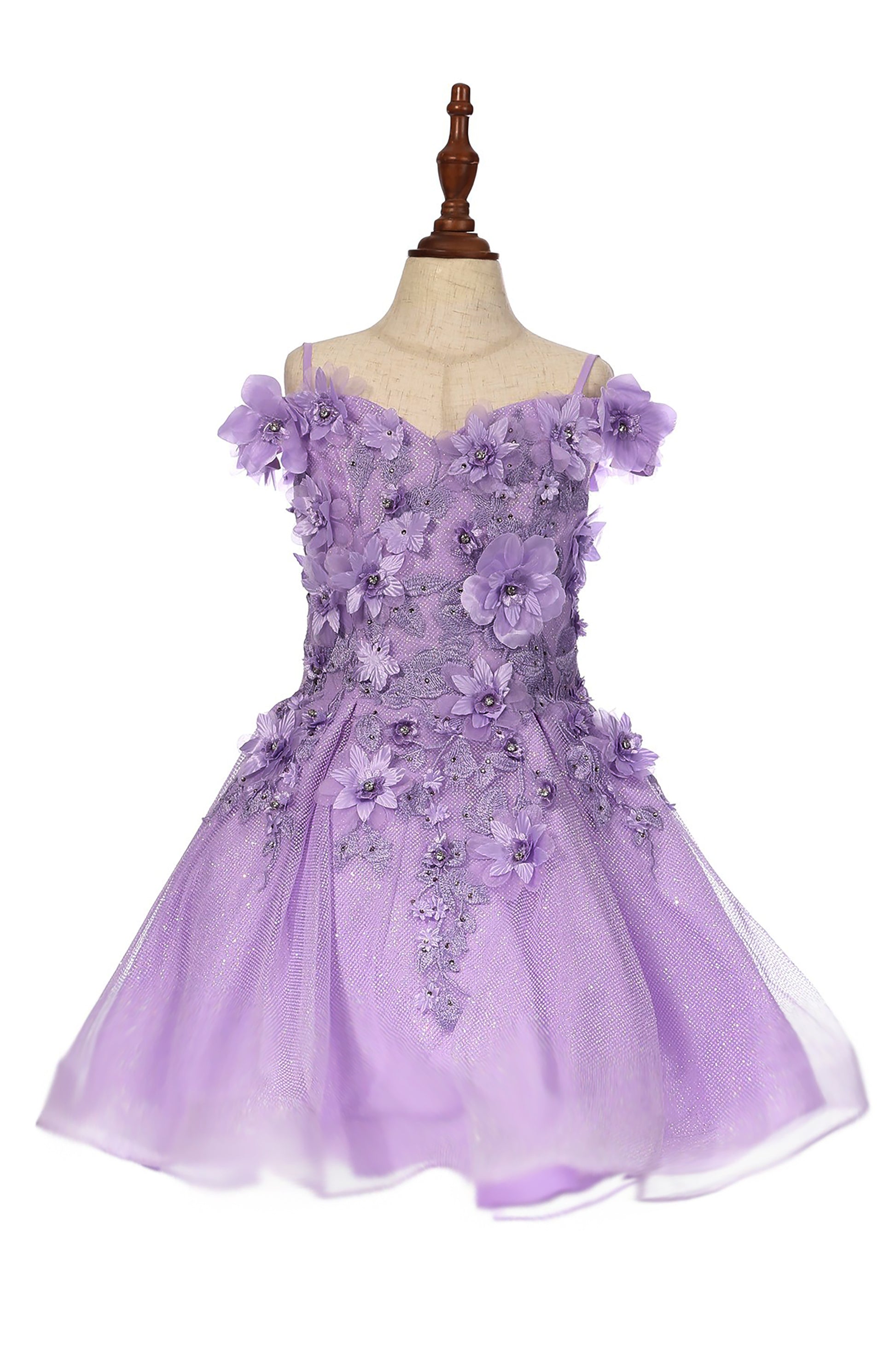 Lilac Kid Dress | 6 Colors | Off-the-shoulder decorated with 3D flowers, and a shiny fabric party Dress | Anaya dress front