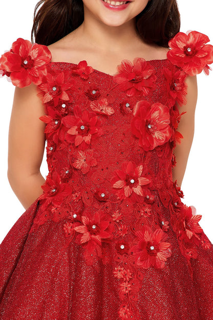 Red Kid Dress | Off-shoulder 3D flowers with Shiny Fabric Kid Party Flower Girl Dress | Anaya S dress | 6 Colors Available front