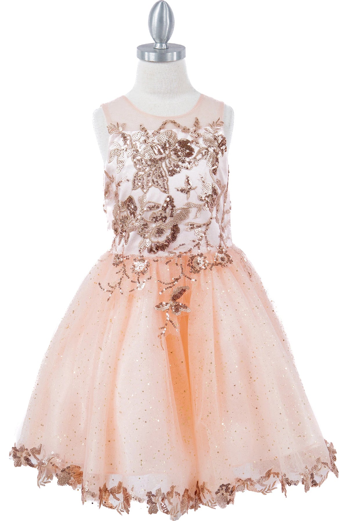 Framed contrasting floral lace appliques adds character to this Blush kids party dress.