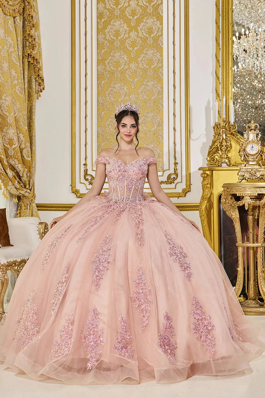 Front view of rose gold quinceañera ball gown with off-the-shoulder sweetheart corset bodice, crystal embellishments, and full glitter tulle skirt with lace appliques