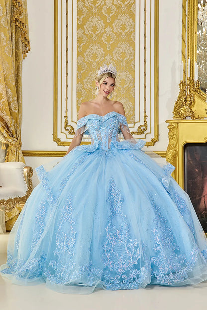 Front view of light blue quinceañera ball gown with off-the-shoulder sweetheart bodice, crystal fringe details, and full glitter tulle skirt with lace appliques