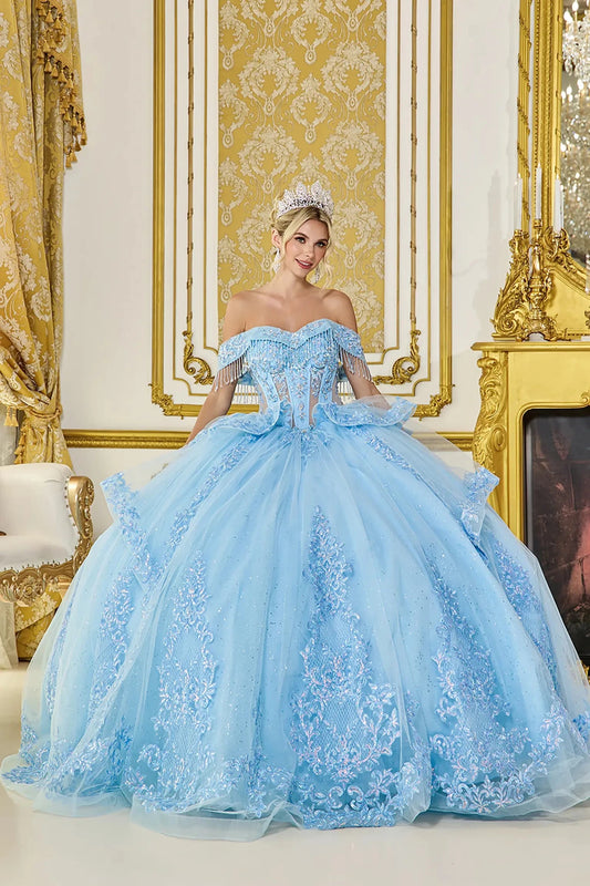 Front view of light blue quinceañera ball gown with off-the-shoulder sweetheart bodice, crystal fringe details, and full glitter tulle skirt with lace appliques