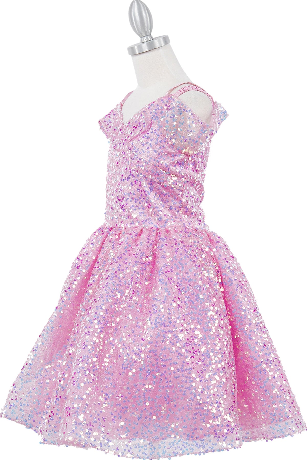 Styled with a laced back bodice, this Pink kids party dress displays elegant detail.