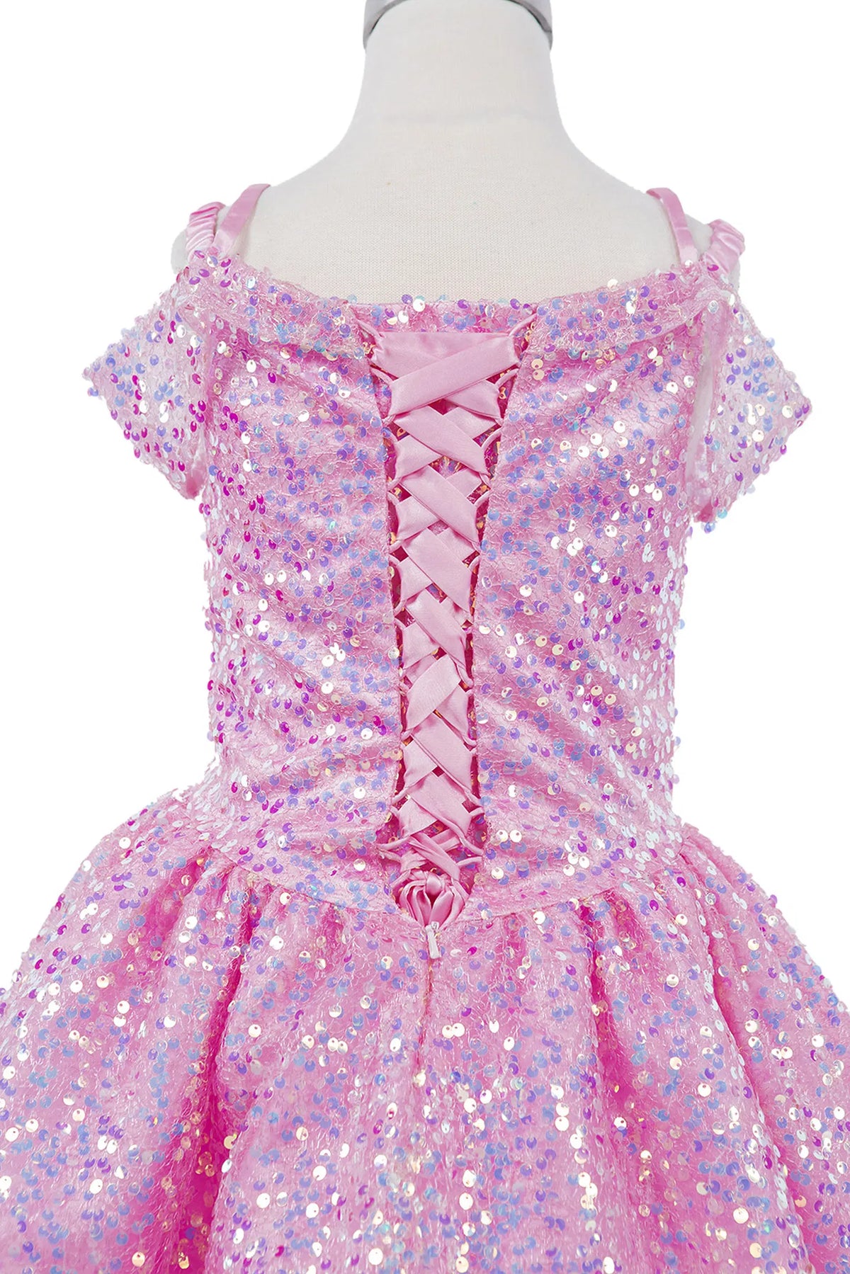 Finished details of crisscross back lacing distinguish the Pink kids party dress.
