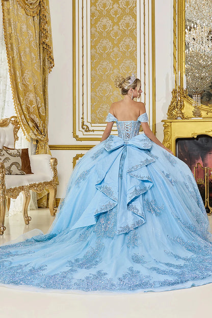 Back Full-length view of Radiant Bahama Blue Corset Quinceañera Ball Gown with Sequins