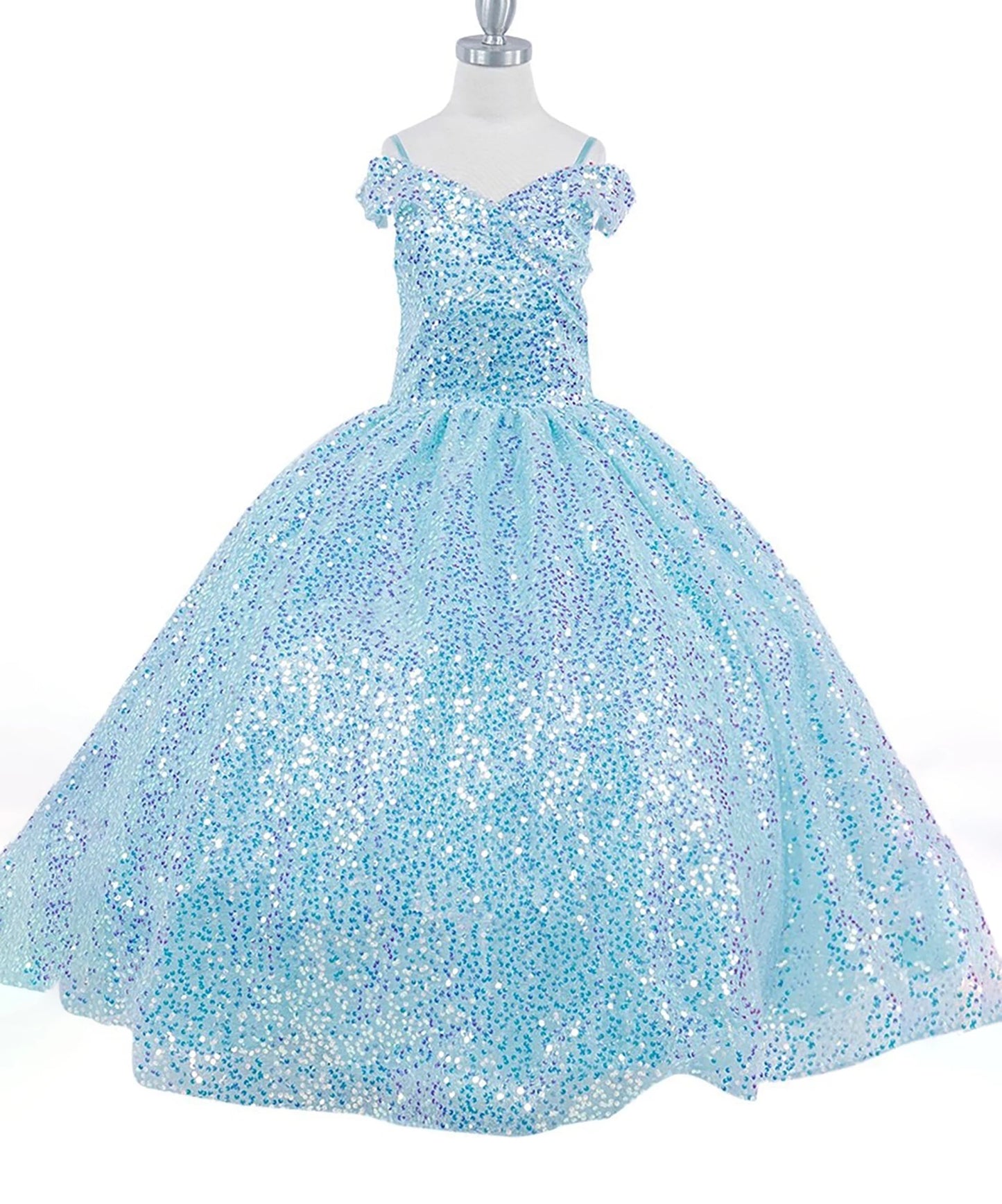 Close-up of light blue mini quince dress with sequin fabric glitter tulle