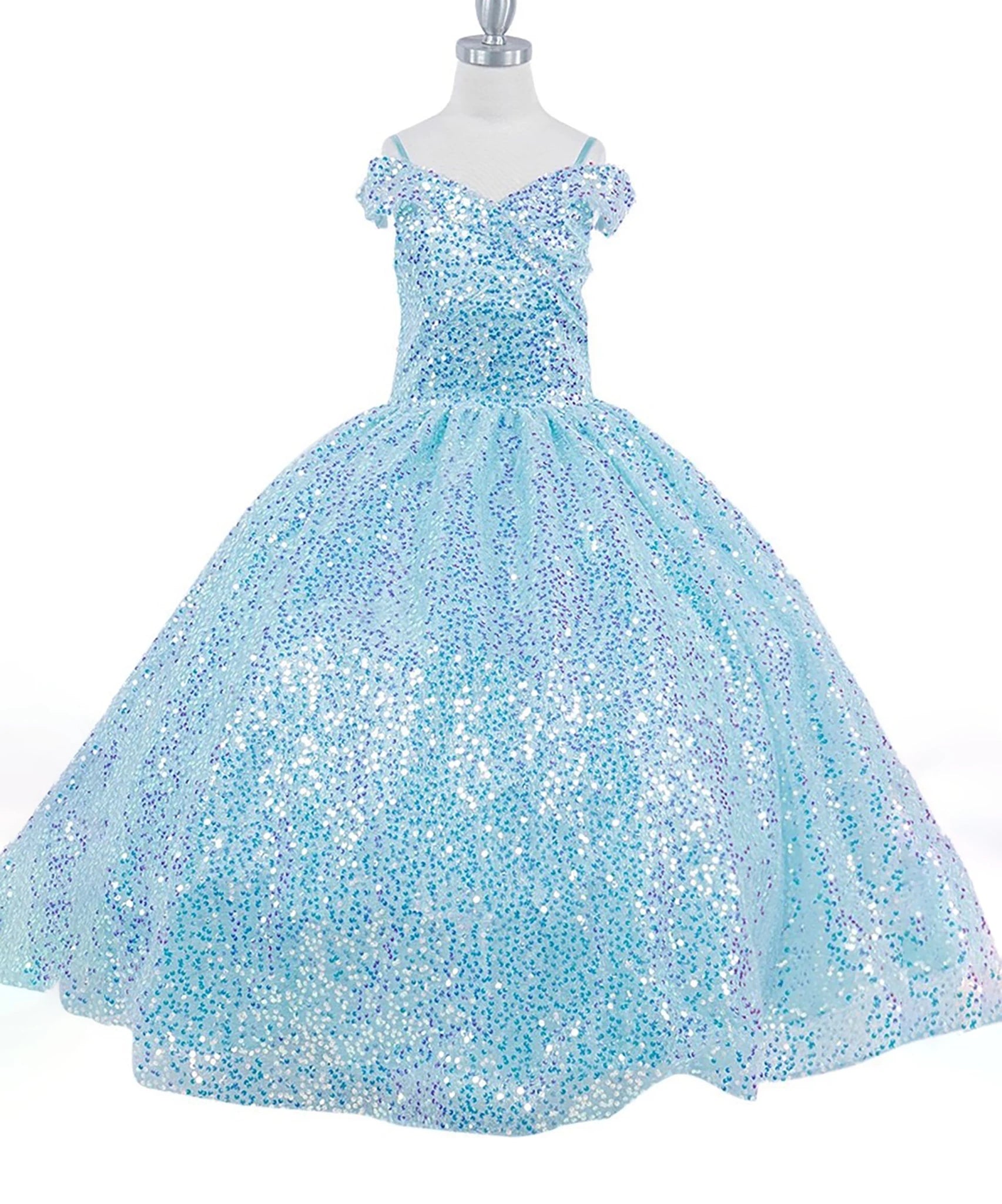 Close-up of light blue mini quince dress with sequin fabric glitter tulle