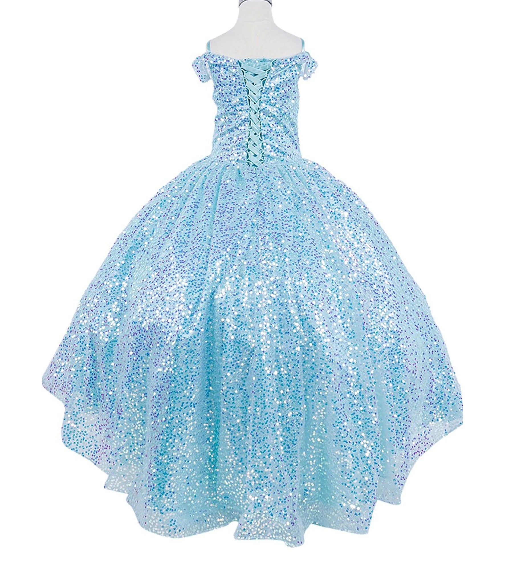 Front view of a kid wearing blue mini quince dress with sequin fabric lace-up bodice and glitter tulle