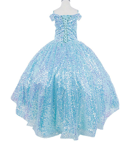 Front view of a kid wearing blue mini quince dress with sequin fabric lace-up bodice and glitter tulle