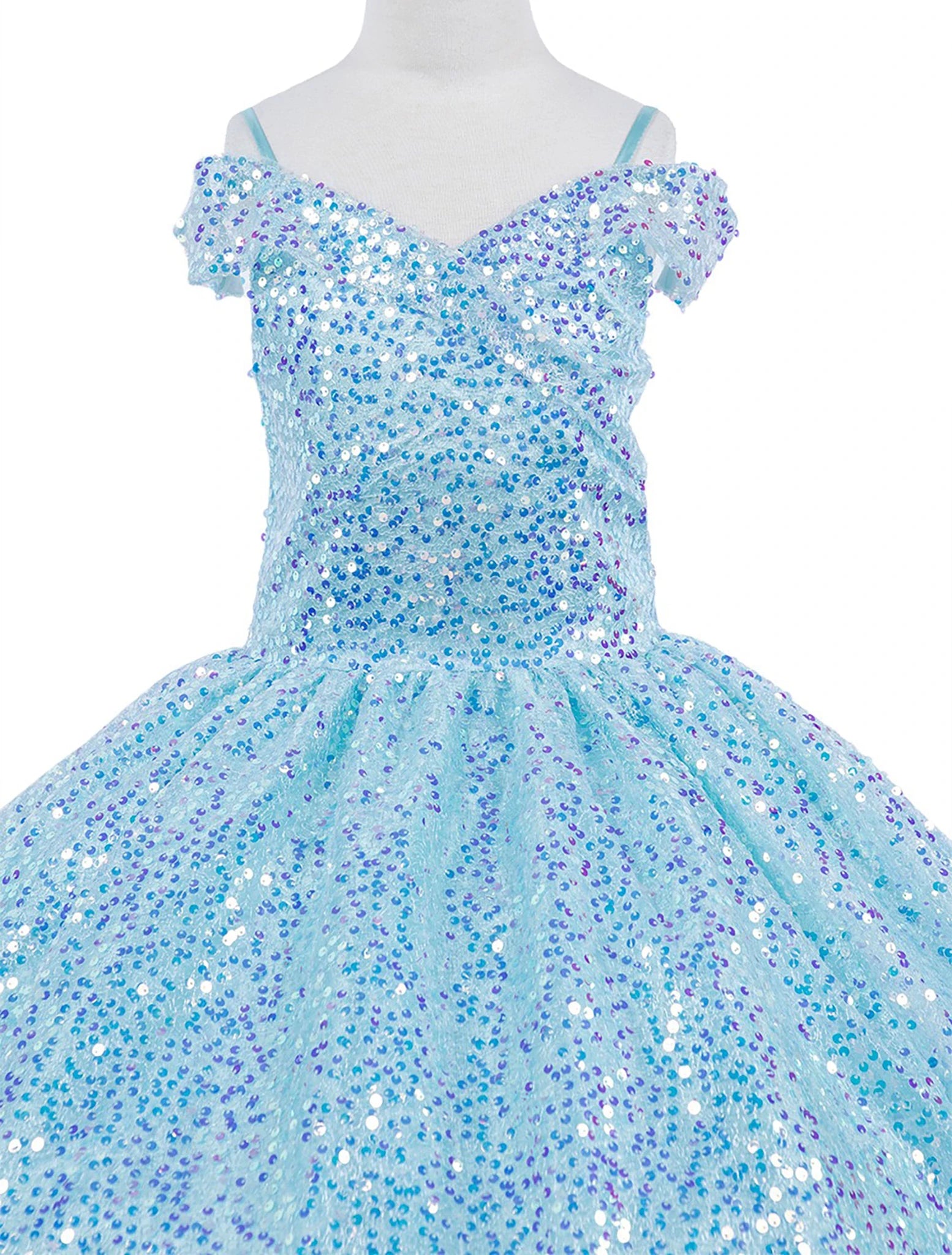 Front view of a kid wearing lilac mini quince dress with glitter tulle sequin lace applique and A-line skirt