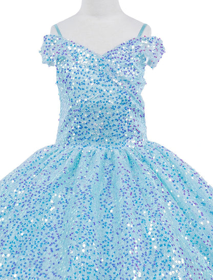Front view of a kid wearing lilac mini quince dress with glitter tulle sequin lace applique and A-line skirt