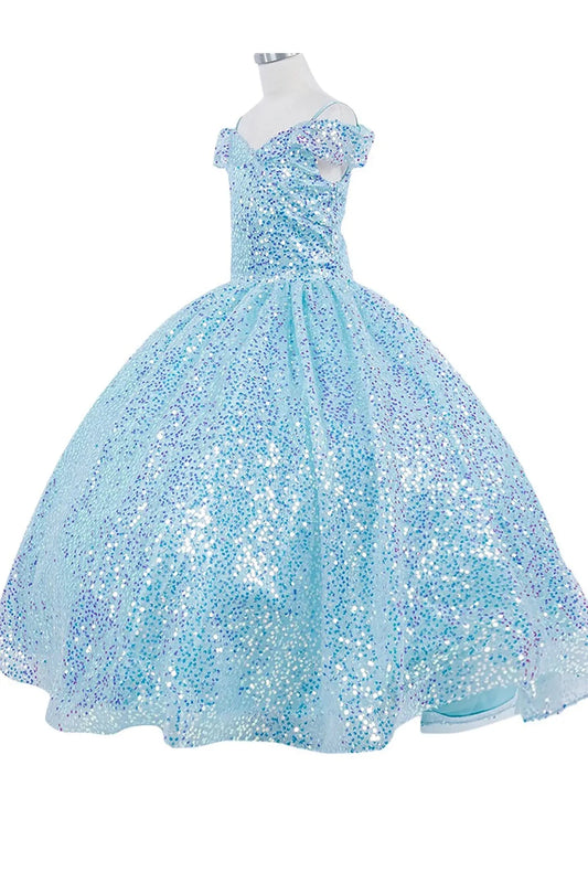 Front view of light blue mini quince dress with sequin fabric.