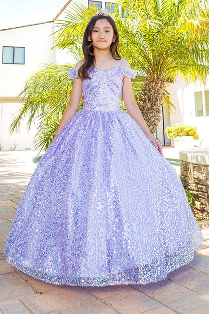 Front view of a kid wearing pink mini quince dress with glitter tulle 3D flower puff print and A-line skirt