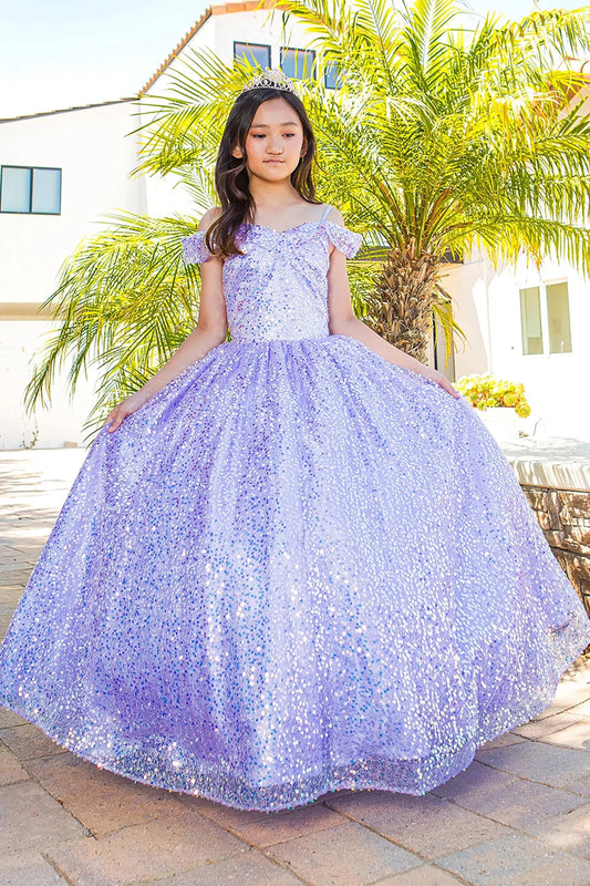 Lilac mini quince dress with glitter tulle sequin lace applique and side view.