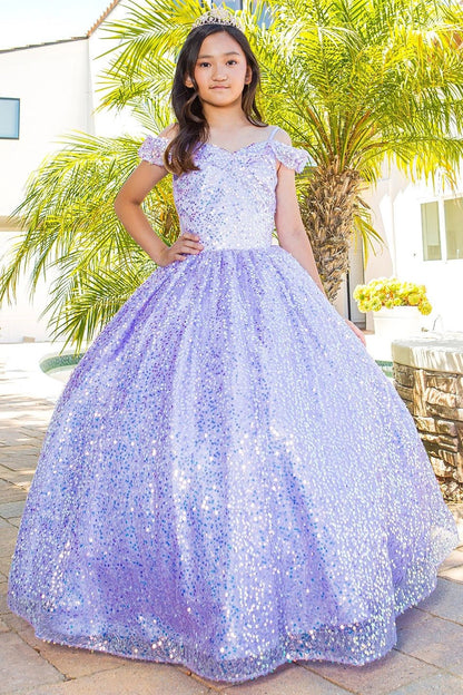 Shown in a front view, the Lilac mini quince dress has off-shoulder sleeves and an allover sequin ball skirt.