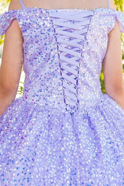 Displayed in a back detail, the Lilac mini quince dress has lace-up back framed by sparkling sequins.