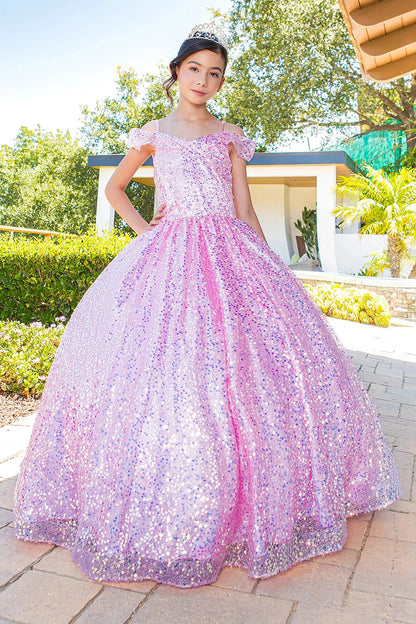 Front view of a kid wearing pink mini quince dress with glitter tulle 3D flower puff print and A-line skirt
