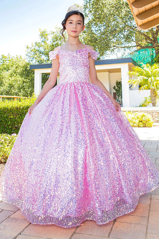 Pink mini quince dress with glitter tulle sequin lace applique and back view.
