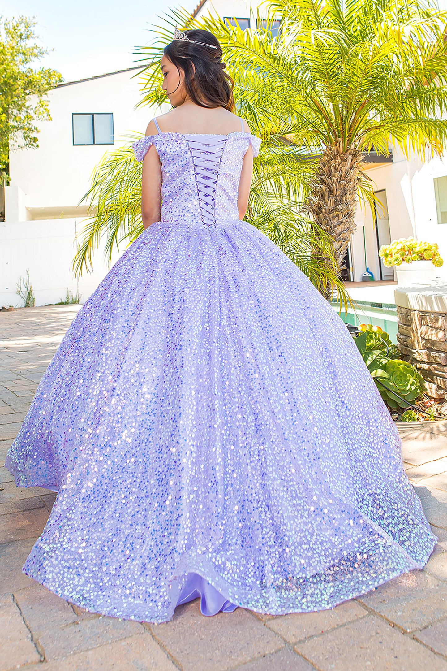 Mini Quince | Lilac Glitter Tulle with Sequin Lace Applique 3 Anos Ballgown | Ámbar dress | 3 Colors Available back view